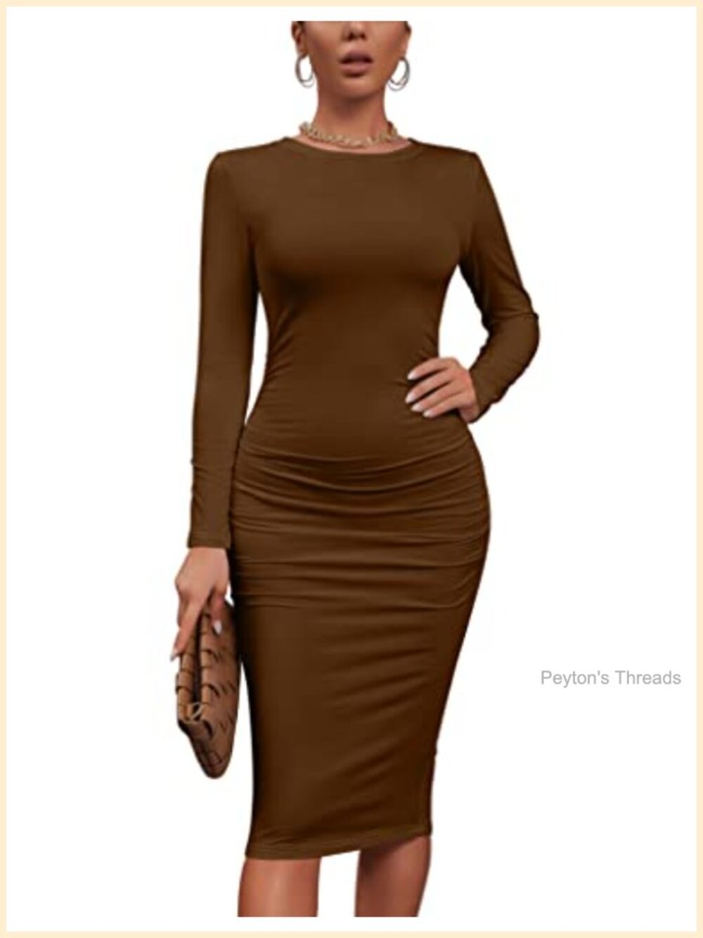 Women's Long Sleeve Midi Bodycon Dress Ruched Waist Club Night Out
